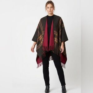 RACHEL ROY Reversible Plaid‎ Poncho Wrap Maroon Check Cape with Fringe Trim OS